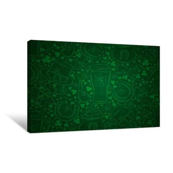 Image of Green  Background For Patricks Day With Beer Mug, Horseshoe, Hat, Pipe And Shamrocks, Vector Canvas Print