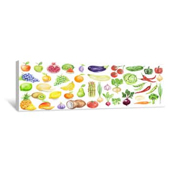 Image of Watercolor Fruit And Vegetables Set  Juicy And Colorful Fruit On White Background Including Apples, Coconut, Lime, Tomatoes, Cucumber And More  Vegetarian Diet Food With Vitamins Canvas Print
