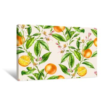 Image of Orange Fruit Branches  Seamless Pattern With Flowers Realistic Botanical Floral Illustration On Light Beige Background Hand Painted Canvas Print