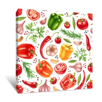 Image of Watercolor Vegetables Seamless Pattern With Garlic, Tomatoes, Herbs, Chili And Bell Peppers Canvas Print