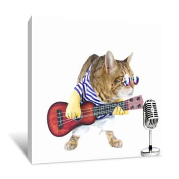Image of Funny Bengal Cat Dressed Up In Costume With A Guitar On White Background Canvas Print
