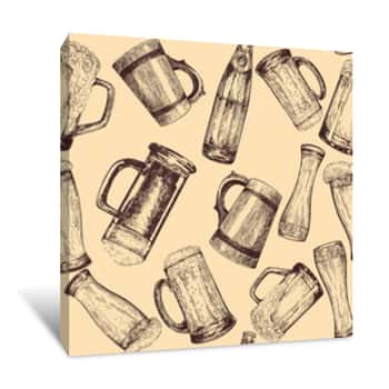 Image of Seamless Pattern Of Hand Drawn Sketch Style Beer Mugs With Bottles  Isolated Vector Illustration Canvas Print
