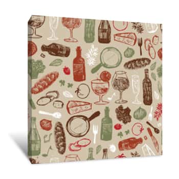 Image of Vector Light Brown Bar Italia Sketch Illustration Seamless Pattern With Bottles, Wine Glasses, Bread, Tomatoes And Cheese  Perfect For Fabric, Restaurant Menu And Wallpaper Projects Canvas Print