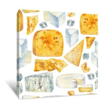 Image of Watercolor Pattern Of Different Types Of Cheese Canvas Print