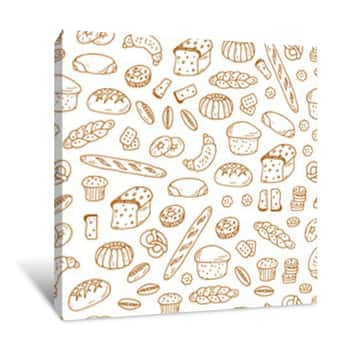 Image of Hand Drawn Bakery Products And Sweet Pastries  Bread Seamless Pattern  Vector Illustration Canvas Print