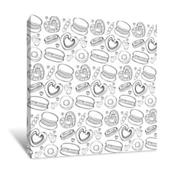 Image of Seamless Pattern Of Sweets, Cookies, Donut, Marshmallow, Macaron In Vector  Sweet Pastries And Pastry Isolated On White Background  Hand Drawn In Vintage Style Canvas Print