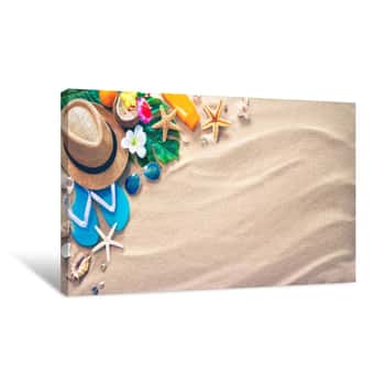 Image of Straw Hat With A Exotic Cocktail And Sunglasses On Sand Beach Canvas Print