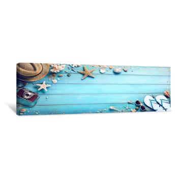 Image of Beach Accessories With Seashells On Wooden Plank - Summer Holidays Canvas Print