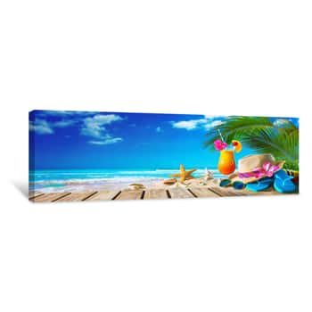 Image of Straw Hat And Sunglasses On Beach Canvas Print