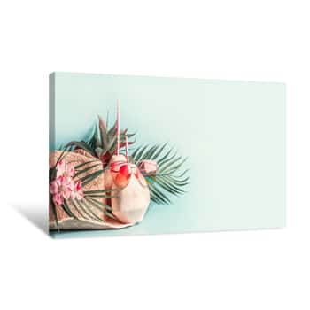 Image of Summer Holiday    Beach Accessories : Straw Hat With Palm Leaves And Flowers, Pink Sun Glasses And Coconut Cocktail On Blue Turquoise Background, Front View  Tropical Vacation Travel Concept  Banner Canvas Print