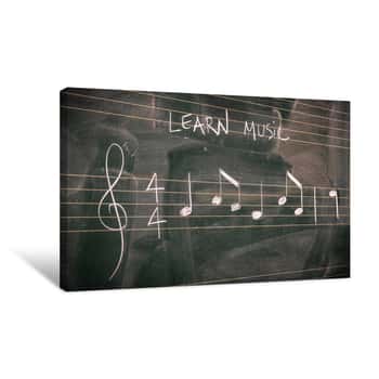 Image of Random Music Notes Written With White Chalk On A Blackboard  Learn Or Teach Music Concepts  Canvas Print