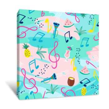 Image of Seamless Pattern With Musical Notes, Instruments And Summer Symbols  Vector Canvas Print