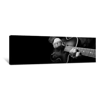 Image of Guitarist Hands And Guitar Close Up  Playing Electric Guitar  Copy Spaces   Black And White  Canvas Print
