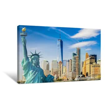 Image of New York Cityscape, Tourism Concept Photograph Statue Of Liberty, Lower Manhattan Skyline Canvas Print