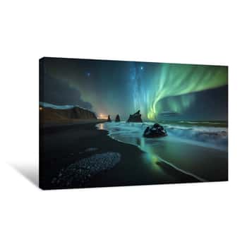 Image of Auroras Over Black Sand Beaches Of Iceland Canvas Print