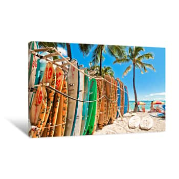 Image of Surfboards In The Rack At Waikiki Beach - Honolulu Canvas Print