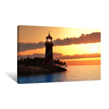 Image of Dramatic Sunset With Lighthouse On Island In Sea Canvas Print