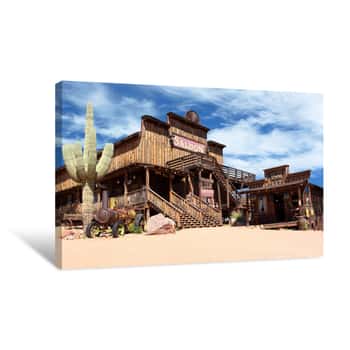 Image of Old Wild West Desert Cowboy Town With Cactus And Saloon Canvas Print