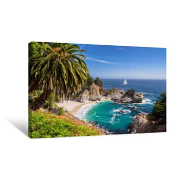 Image of Beautiful Beach With Palm Trees And The White Yacht On The Horizon   Julia Pfeiffer Beach, Big Sur  California, USA Canvas Print