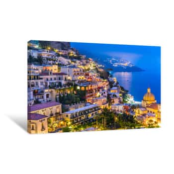 Image of Sunset At Positano Village At Amalfi Coast, Italy  Canvas Print