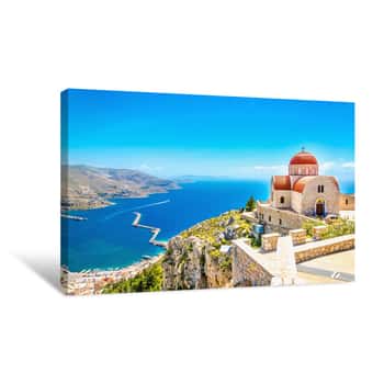 Image of Remote Church With Red Roofing On Cliff, Greece Canvas Print