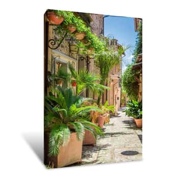 Image of Wonderful Decorated Street In Small Town In Italy, Umbria Canvas Print