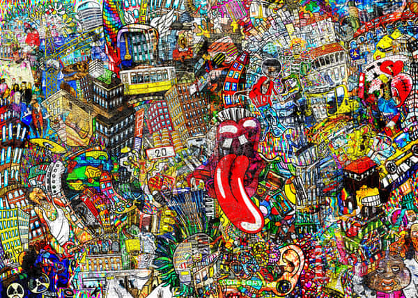 Graffiti, City, An Illustration Of A Large Collage, With Houses, Cars And People Wall Mural