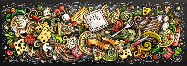 Pizza Hand Drawn Cartoon Doodles Illustration  Colorful Vector Banner Wall Mural
