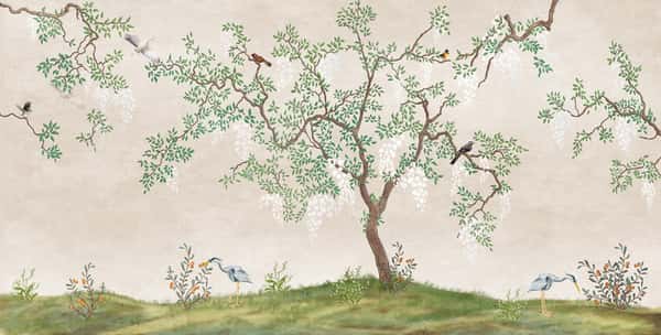 Flowering Tree In The Japanese Garden With Birds  Fresco, Wallpaper For Interior Printing  Wall Mural