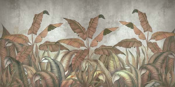 Tropical Leaves On A Gray Background  Photo Wallpaper With Leaves  Fresco For The Interior  Wall Decor In Grunge Style  Painted Leaves  Photo Wallpapers 3d  Wall Mural