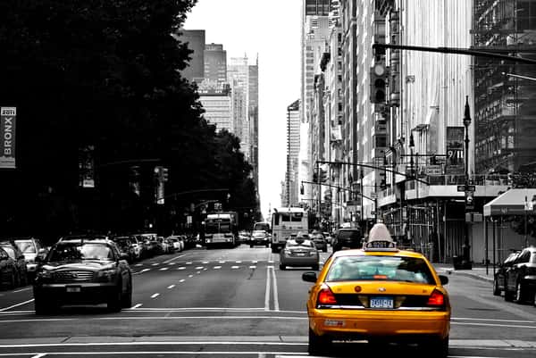 Yellow Taxi Cab on Black and White Street Background NYC Wall Mural