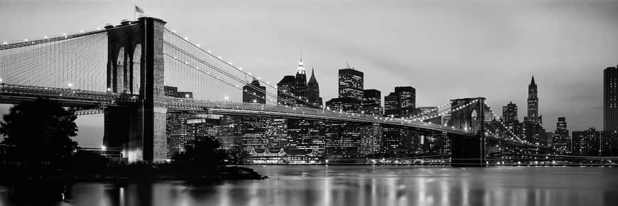 Brooklyn Bridge Across The East River At Dusk, Manhattan, New York City, Black and White - Wall Mural
