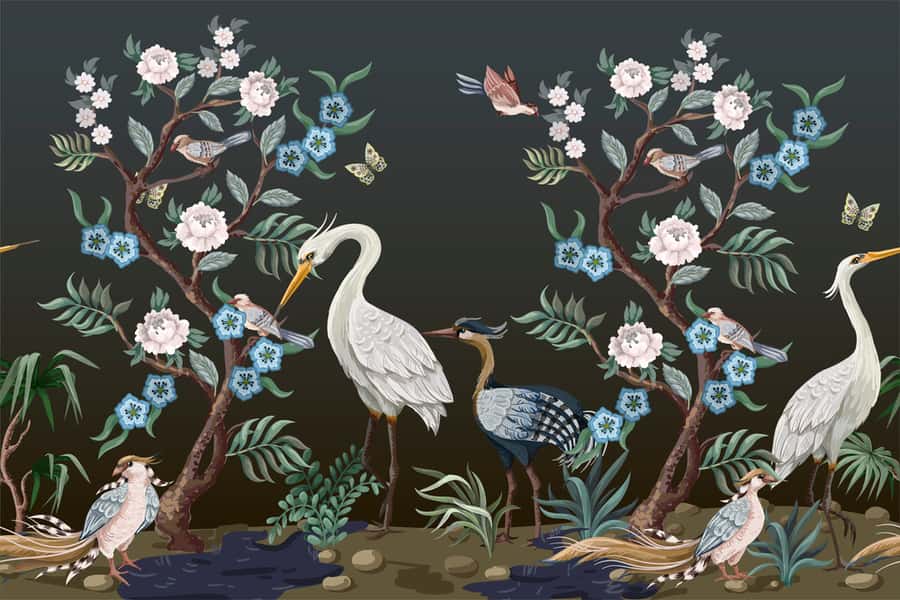 Border In Chinoiserie Style With Herons And Peonies  Vector    Wall Mural