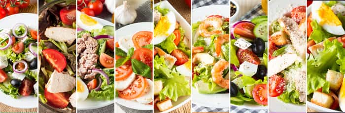 Photo Of Collage Of Fresh Salads  Healthy Food Concept  Diet Food  Greek, Caesar, Shrimp, Caprese Salad  Wall Mural