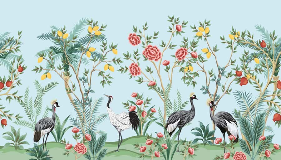 Vintage Chinoiserie Floral Palm Tree, Fruit Tree, Plant, Crane Bird, Red Roses Seamless Border Blue Background  Exotic Oriental Wallpaper  Wall Mural