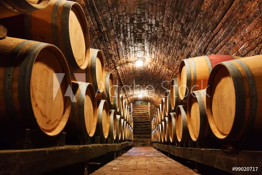 Oak Barrels In A Underground Wine Cellar Wall Mural