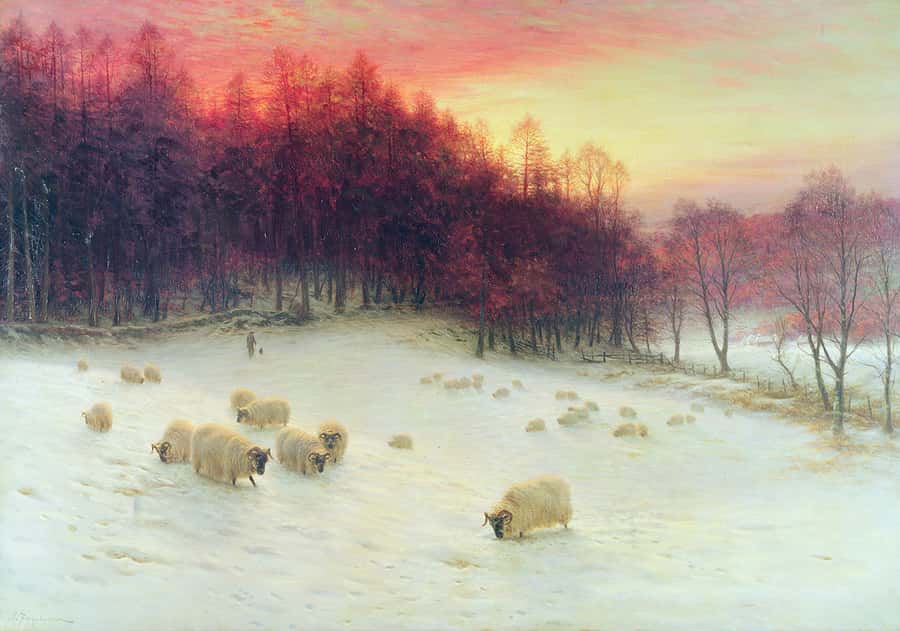 West Evening Glows with Sheep in the snow Painting Wall Mural