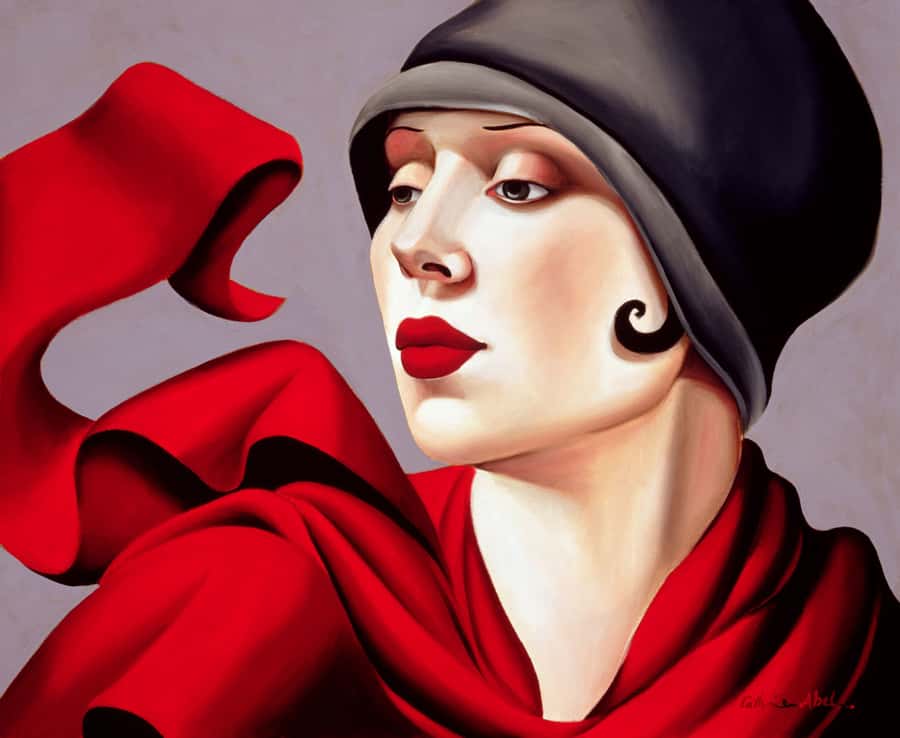 painting of a woman wearing red clothes and black hat Wall Mural