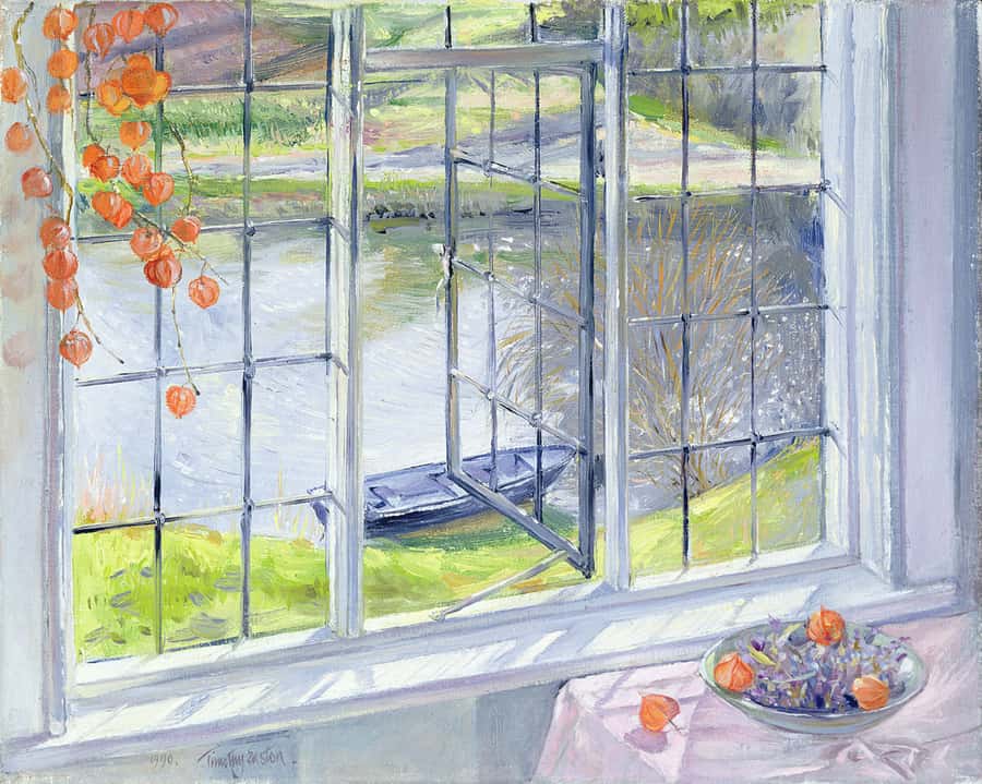 painting of a window looking out on a lake Wall Mural