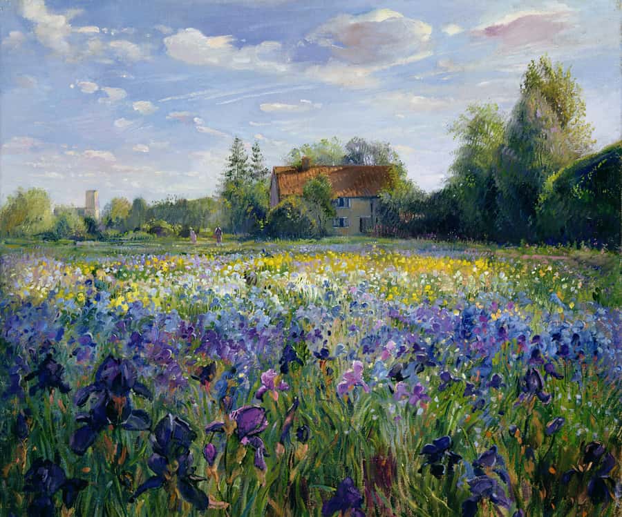 Evening at the Iris Field of flowers Painting Wall Mural