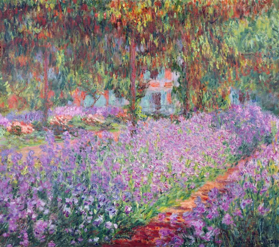 painting of a garden with purple flowers Wall Mural