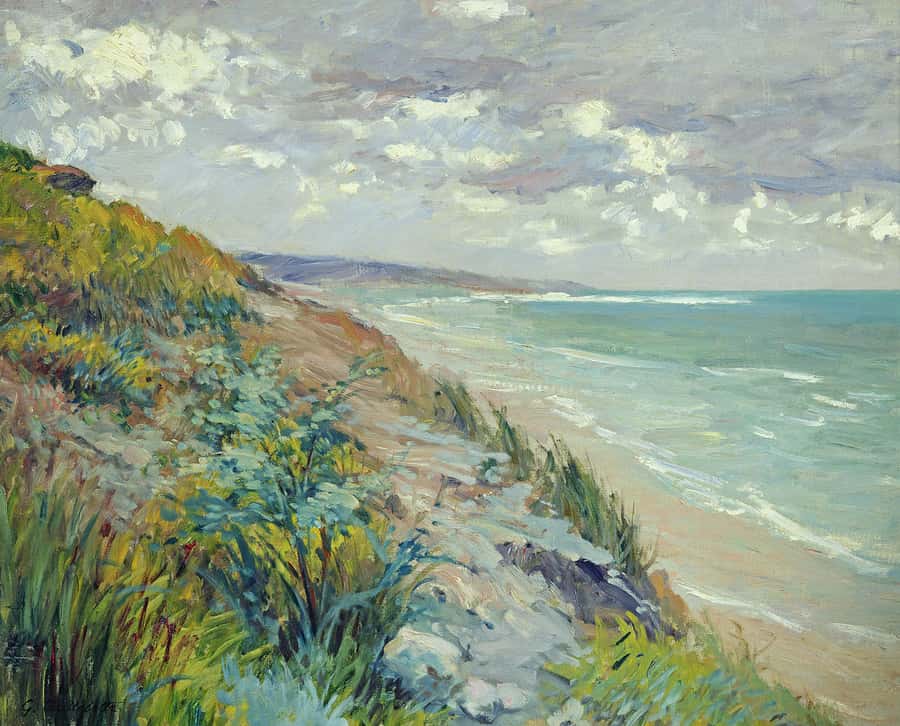 painting of a view from a hill overlooking a beach wall mural