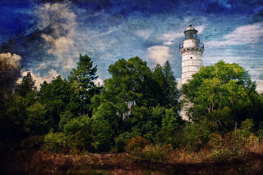 Painted Lighthouse Among Trees Wall Mural