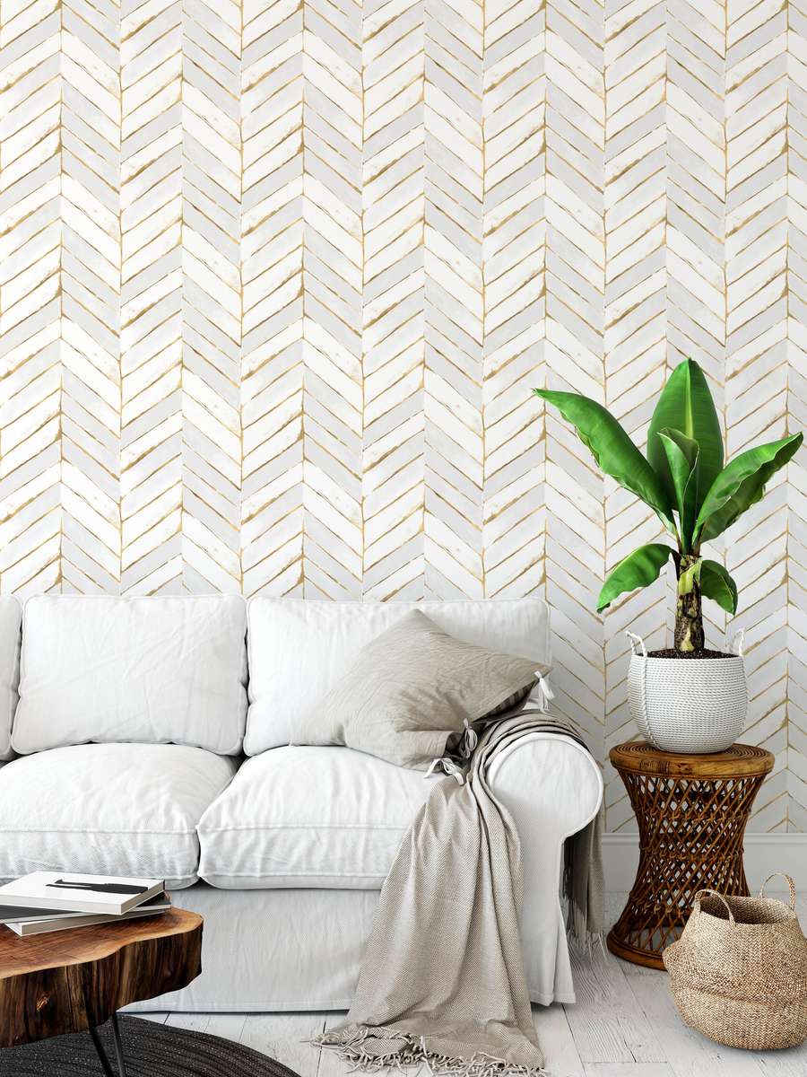 Chevron Painted White Gold Wallpaper by Crystal W