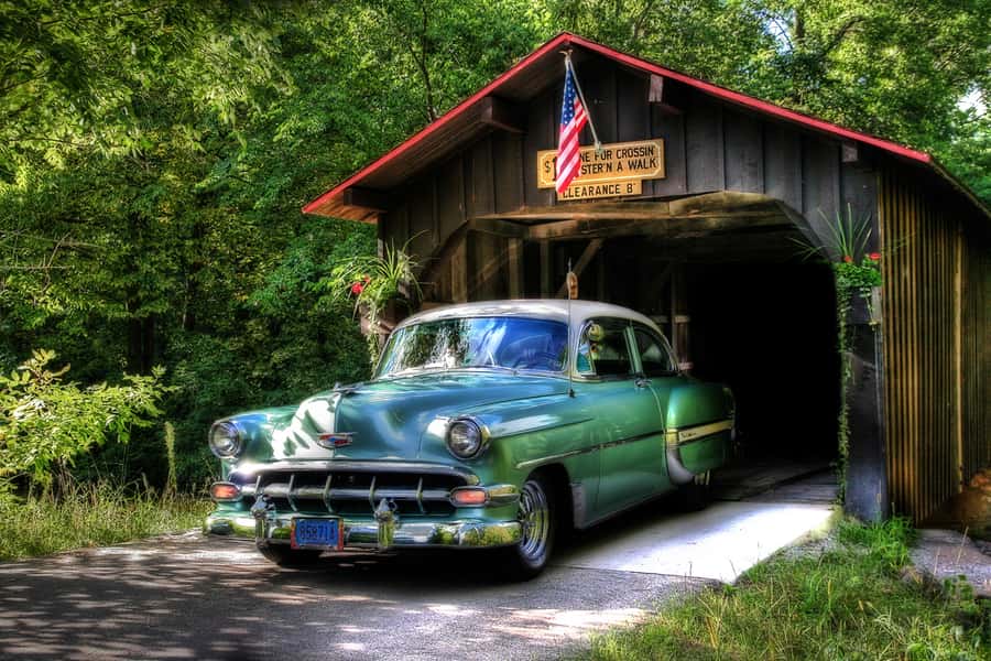 1954 Chevy on Covered Bridge Wall Mural