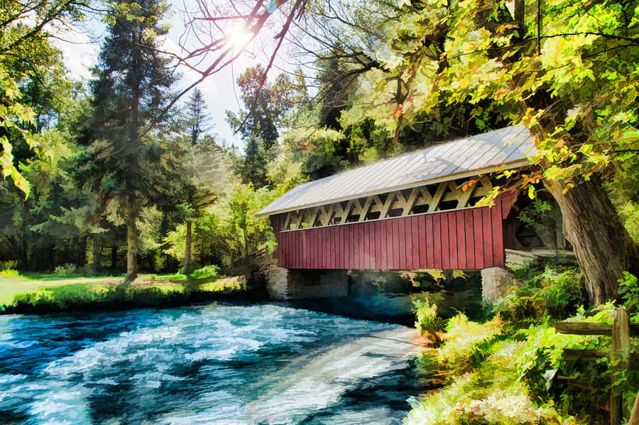 Red Covered Bridge over a River Wall Mural