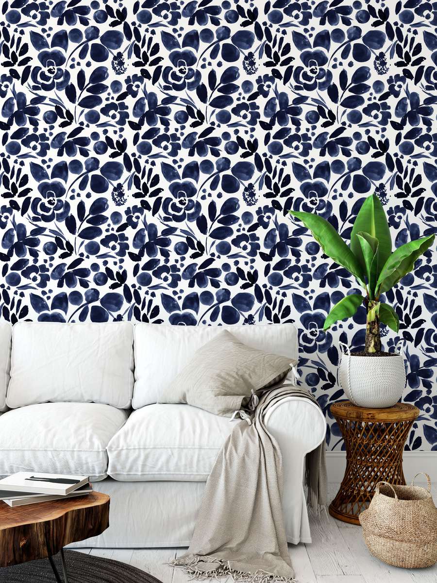 Navy Floral Pattern Wallpaper by Crystal W