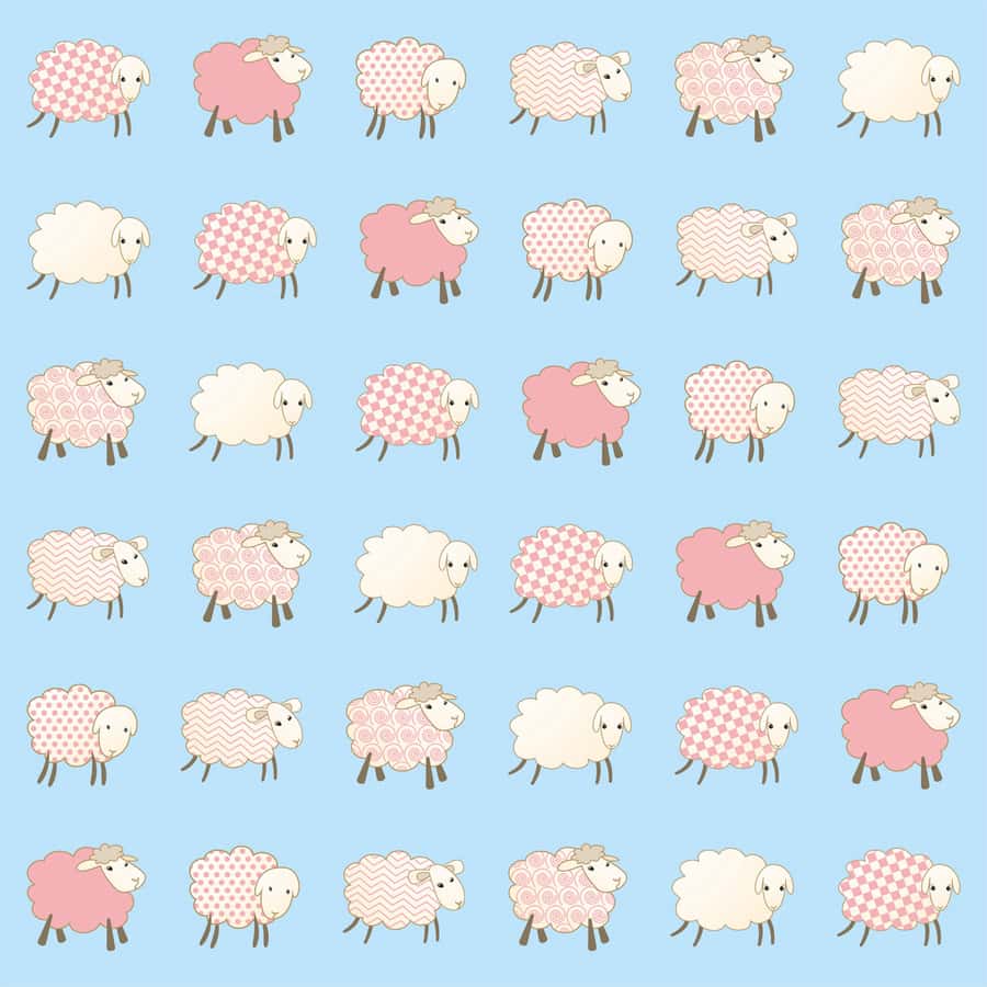 Pink Sheep Pattern on blue background Wallpaper Mural