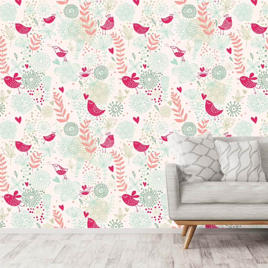 Pink Birds And Florals Wallpaper