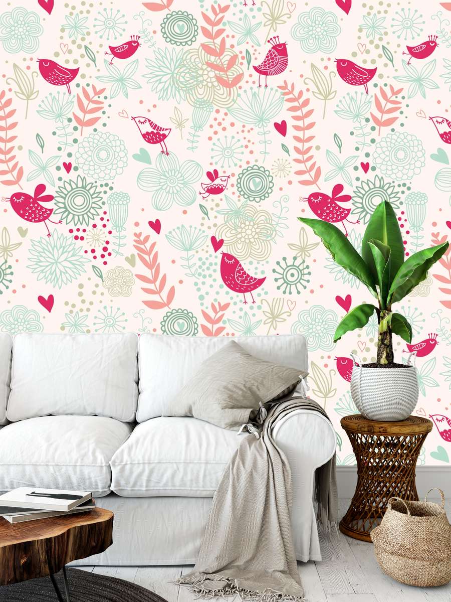 Pink Birds And Florals Wallpaper